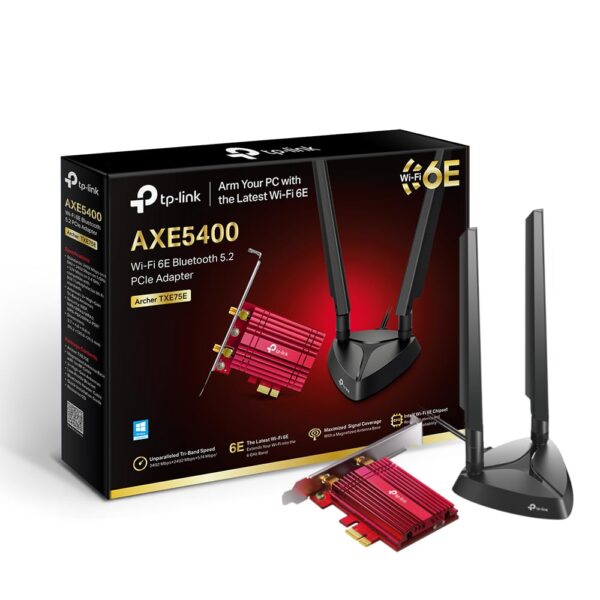 TP-Link AXE5400 Tri-Band Wi-Fi 6E Bluetooth 52 PCI Express Adapter with Two Antennas Intel Chipset Magnetized Antenna Base Low-Profile Bracket Included WPA 3 (Archer TXE75E)