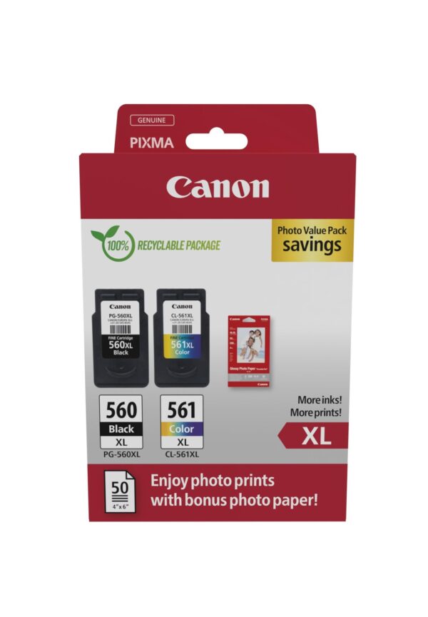 Canon Ink & Paper Multipack - PG-560XL/CL-561XL Genuine Printer Cartridges 2 Pack (1 x Black XL 1 Colour XL) 4x6 Photo (50 Sheets) Compatible with PIXMA TS series