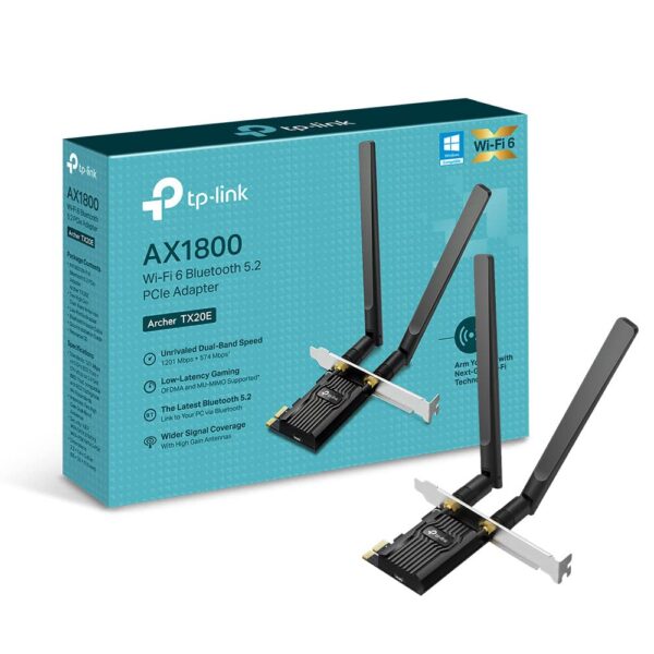 TP-Link AX1800 Wi-Fi 6 Dual Antennas High Gain Bluetooth 52 PCIe Adapter Dual-Band Low-Profile Bracket MU-MIMO Low- Latency Gaming Supports Windows 10/11 Highly Secure WPA3 (Archer TX20E)Black