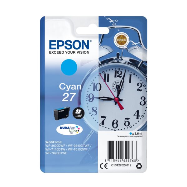 Epson 27 Cyan Alarm Clock Genuine DuraBrite Ultra Ink Cartridge Standard Capacity