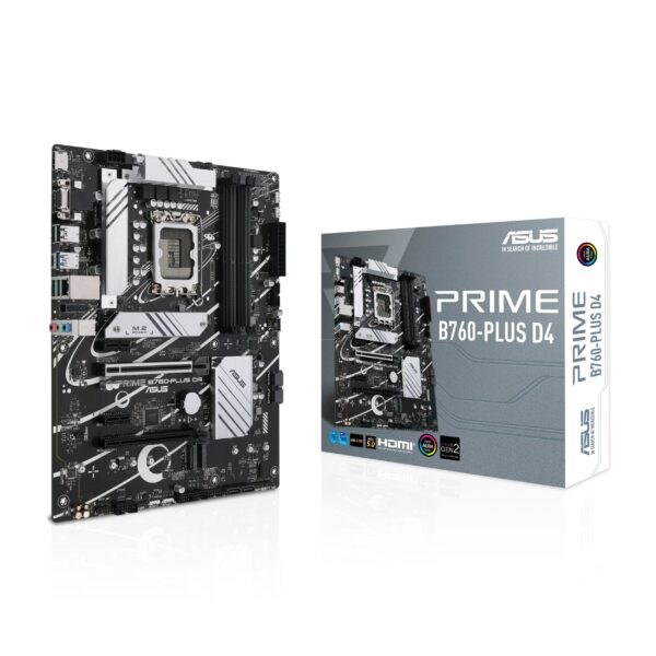 ASUS Prime B760-PLUS D4 an Intel B760 LGA 1700 ATX motherboard with PCIe 50 three 40 M2 slots DDR4 Realtek 25Gb Ethernet DisplayPort VGA HDMI SATA 6 Gbps USB 32 Gen 2x2 Type-C